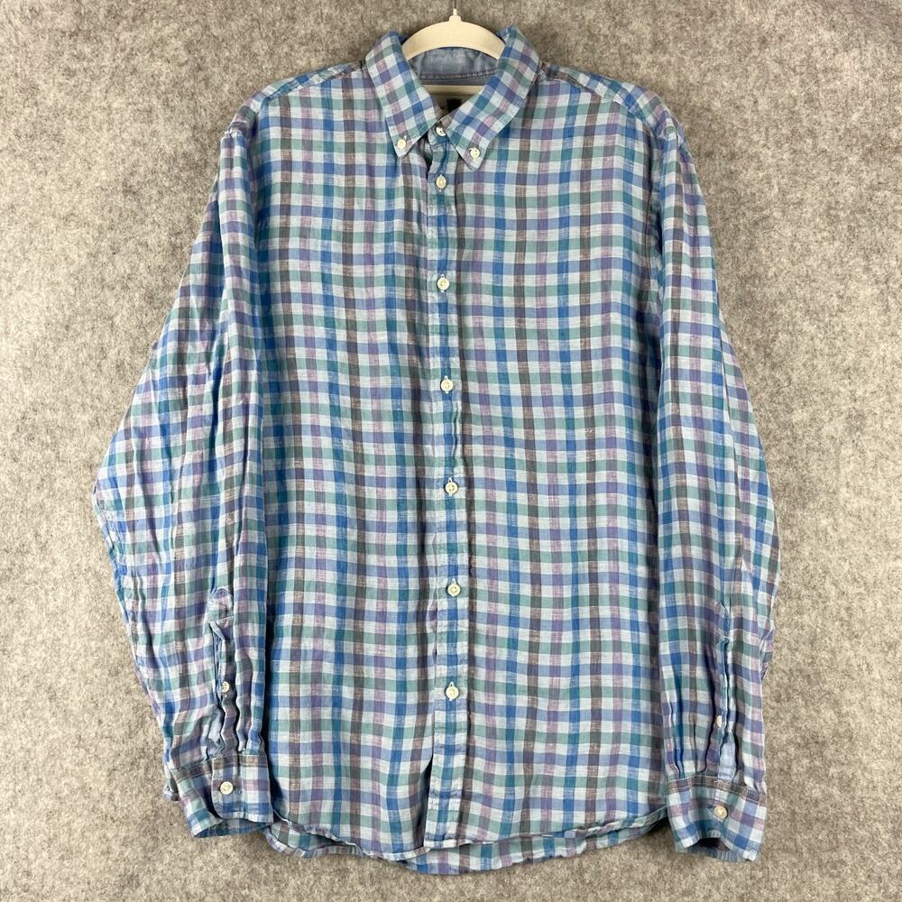 Black Brown 1826 Linen Shirt Mens XL Blue Check Button Up Career Coastal Preppy